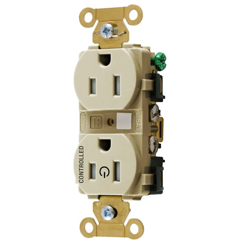 Hubbell HBL5262C1ITR, Permanently Marked Extra Heavy Duty Standard Duplex Receptacles, Tamper Resistant, One Controlled Face, Split Circuit, 15A 125V, 5-15R, 2-Pole 3-Wire Grounding, Ivory