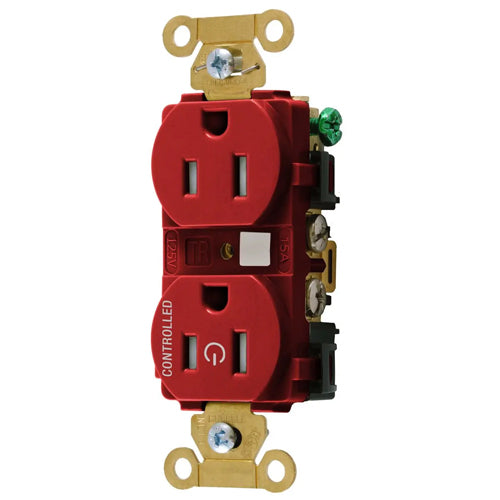 Hubbell HBL5262C1RTR, Permanently Marked Extra Heavy Duty Standard Duplex Receptacles, Tamper Resistant, One Controlled Face, Split Circuit, 15A 125V, 5-15R, 2-Pole 3-Wire Grounding, Red