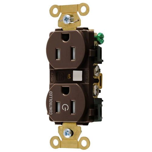 Hubbell HBL5262C1TR, Permanently Marked Extra Heavy Duty Standard Duplex Receptacles, Tamper Resistant, One Controlled Face, Split Circuit, 15A 125V, 5-15R, 2-Pole 3-Wire Grounding, Brown