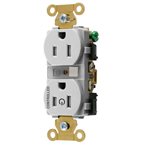 Hubbell HBL5262C1WHITR, Permanently Marked Extra Heavy Duty Standard Duplex Receptacles, Tamper Resistant, One Controlled Face, Split Circuit, 15A 125V, 5-15R, 2-Pole 3-Wire Grounding, White