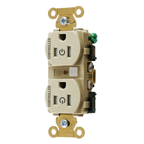 Hubbell HBL5262C2ITR, Permanently Marked Extra Heavy Duty Standard Duplex Receptacles, Tamper Resistant, Two Controlled Faces, 15A 125V, 5-15R, 2-Pole 3-Wire Grounding, Ivory