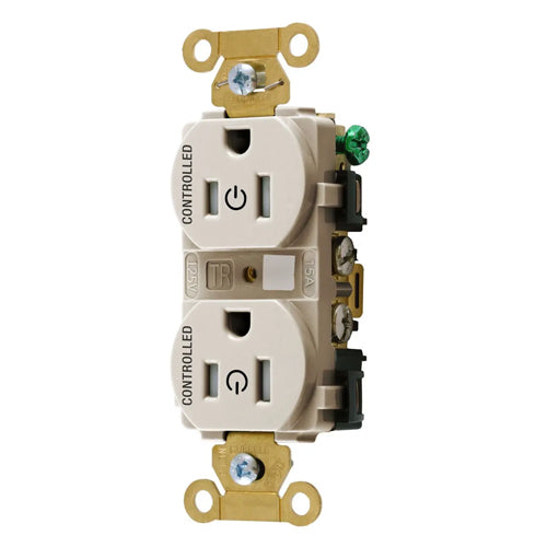 Hubbell HBL5262C2LATR, Permanently Marked Extra Heavy Duty Standard Duplex Receptacles, Tamper Resistant, Two Controlled Faces, 15A 125V, 5-15R, 2-Pole 3-Wire Grounding, Light Almond