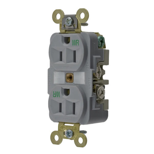 Hubbell HBL5262GYWR, Extra Heavy Duty Max Industrial Grade Duplex Receptacles, Weather Resistant, Finder Groove Face, 15A 125V, 5-15R, 2-Pole 3-Wire Grounding, Gray