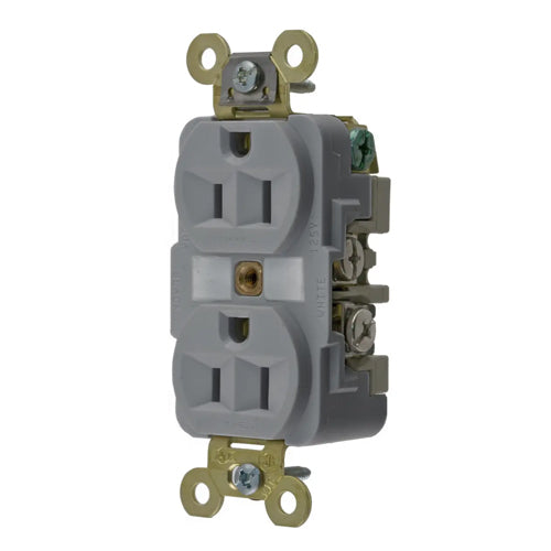 Hubbell HBL5262GY, Extra Heavy Duty Max Industrial Grade Duplex Receptacles, Finder Groove Face, Back and Side Wired, 15A 125V, 5-15R, 2-Pole 3-Wire Grounding, Gray