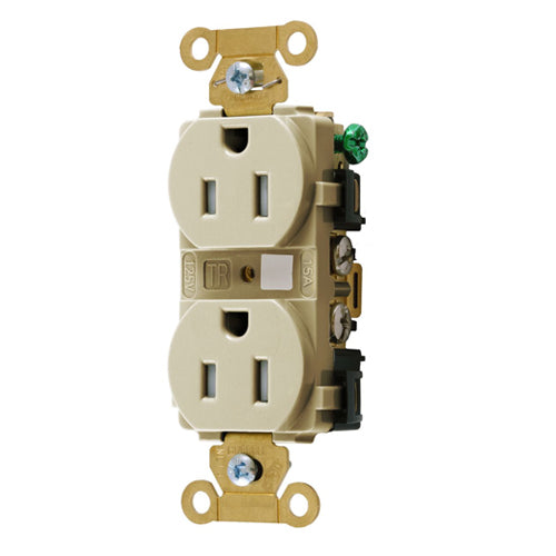 Hubbell HBL5262ITR, Extra Heavy Duty Max Industrial Grade Duplex Receptacles, Tamper Resistant, Back and Side Wired, 15A 125V, 5-15R, 2-Pole 3-Wire Grounding, Ivory