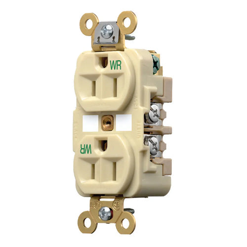 Hubbell HBL5262IWR, Extra Heavy Duty Max Industrial Grade Duplex Receptacles, Weather Resistant, Finder Groove Face, 15A 125V, 5-15R, 2-Pole 3-Wire Grounding, Ivory