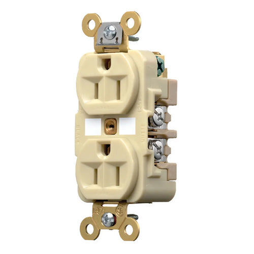 Hubbell HBL5262I, Extra Heavy Duty Max Industrial Grade Duplex Receptacles, Finder Groove Face, Back and Side Wired, 15A 125V, 5-15R, 2-Pole 3-Wire Grounding, Ivory