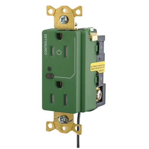 Hubbell HBL5262LC1GN, Logic Load Control Wired Switched Duplex Receptacles, Split Circuit, 15A 125V, 5-15R, 2-Pole 3-Wire Grounding, Green