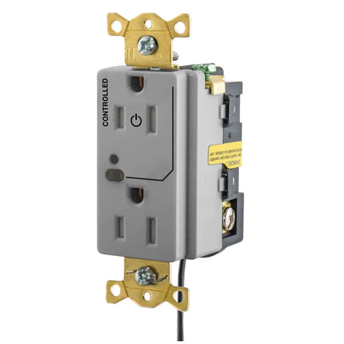 Hubbell HBL5262LC1GY, Logic Load Control Wired Switched Duplex Receptacles, Split Circuit, 15A 125V, 5-15R, 2-Pole 3-Wire Grounding, Gray