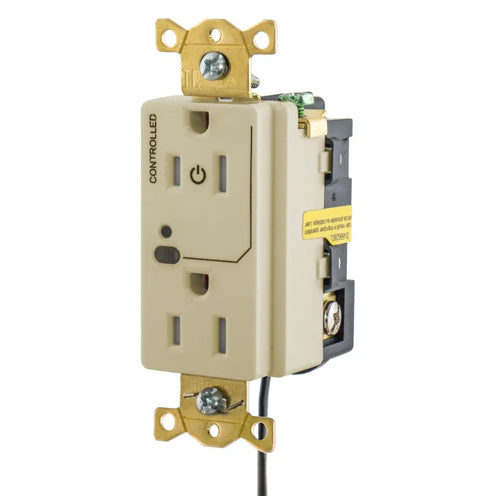 Hubbell HBL5262LC1I, Logic Load Control Wired Switched Duplex Receptacles, Split Circuit, 15A 125V, 5-15R, 2-Pole 3-Wire Grounding, Ivory