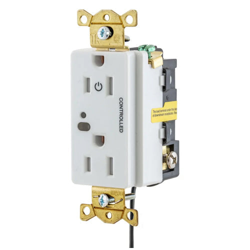 Hubbell HBL5262LC1W, Logic Load Control Wired Switched Duplex Receptacles, Split Circuit, 15A 125V, 5-15R, 2-Pole 3-Wire Grounding, White