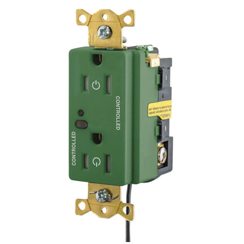 Hubbell HBL5262LC2GN, Logic Load Control Wired Switched Duplex Receptacles, Fully Controlled, 15A 125V, 5-15R, 2-Pole 3-Wire Grounding, Green