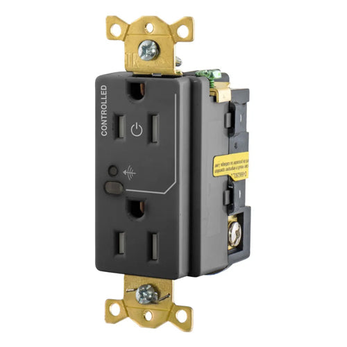 Hubbell HBL5262RFC1BK, Logic Load Control Wireless Switched Duplex Receptacles, Split Circuit, 15A 125V, 5-15R, 2-Pole 3-Wire Grounding, Black