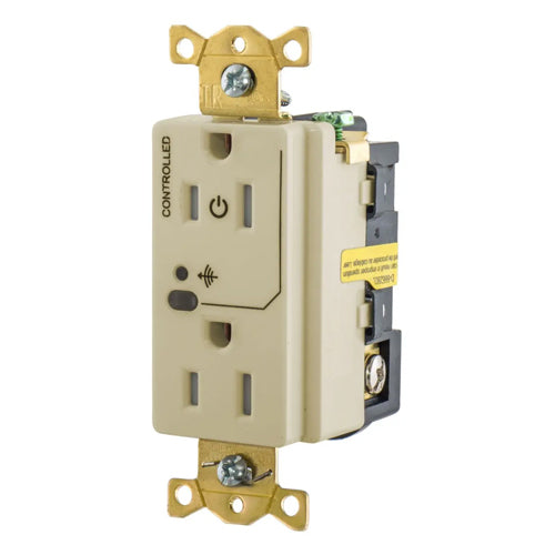Hubbell HBL5262RFC1I, Logic Load Control Wireless Switched Duplex Receptacles, Split Circuit, 15A 125V, 5-15R, 2-Pole 3-Wire Grounding, Ivory
