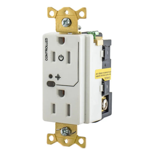Hubbell HBL5262RFC1W, Logic Load Control Wireless Switched Duplex Receptacles, Split Circuit, 15A 125V, 5-15R, 2-Pole 3-Wire Grounding, White