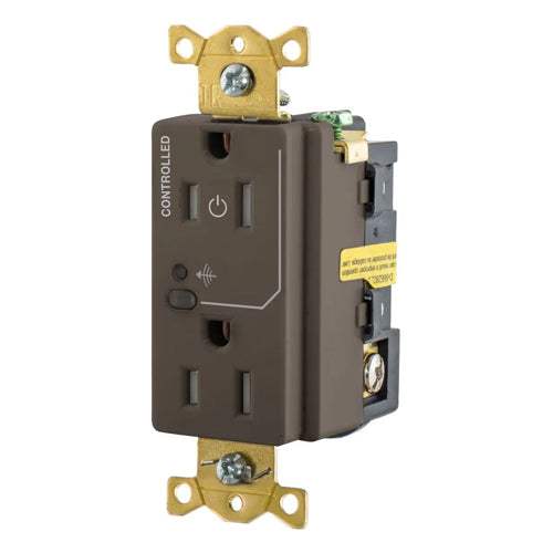 Hubbell HBL5262RFC1, Logic Load Control Wireless Switched Duplex Receptacles, Split Circuit, 15A 125V, 5-15R, 2-Pole 3-Wire Grounding, Brown