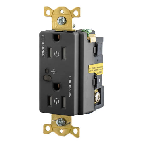 Hubbell HBL5262RFC2BK, Logic Load Control Wireless Switched Duplex Receptacles, Fully Controlled, 15A 125V, 5-15R, 2-Pole 3-Wire Grounding, Black