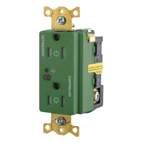 Hubbell HBL5262RFC2GN, Logic Load Control Wireless Switched Duplex Receptacles, Fully Controlled, 15A 125V, 5-15R, 2-Pole 3-Wire Grounding, Green