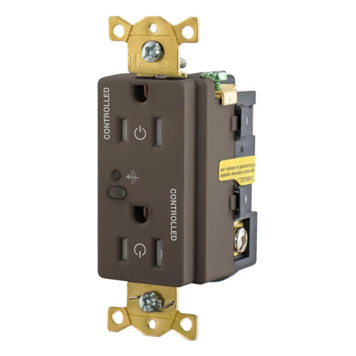 Hubbell HBL5262RFC2, Logic Load Control Wireless Switched Duplex Receptacles, Fully Controlled, 15A 125V, 5-15R, 2-Pole 3-Wire Grounding, Brown