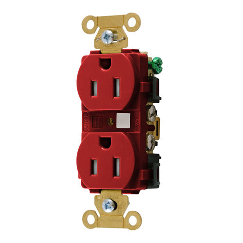 Hubbell HBL5262RTR, Extra Heavy Duty Max Industrial Grade Duplex Receptacles, Tamper Resistant, Back and Side Wired, 15A 125V, 5-15R, 2-Pole 3-Wire Grounding, Red