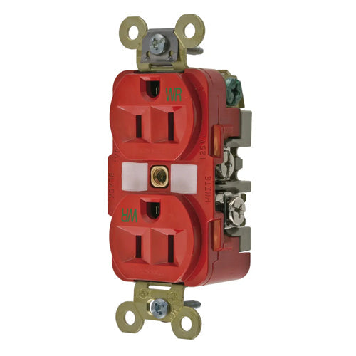 Hubbell HBL5262RWR, Extra Heavy Duty Max Industrial Grade Duplex Receptacles, Weather Resistant, Finder Groove Face, 15A 125V, 5-15R, 2-Pole 3-Wire Grounding, Red