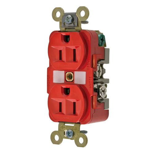 Hubbell HBL5262R, Extra Heavy Duty Max Industrial Grade Duplex Receptacles, Finder Groove Face, Back and Side Wired, 15A 125V, 5-15R, 2-Pole 3-Wire Grounding, Red