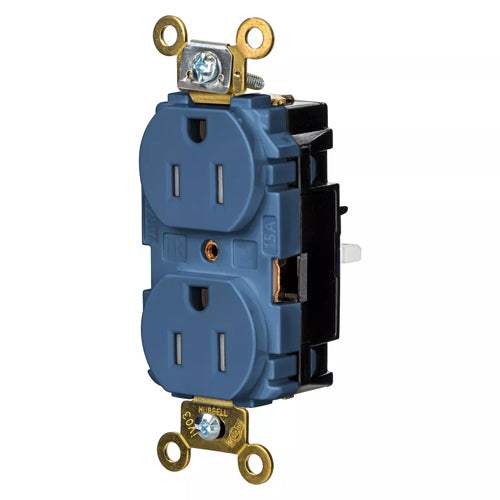 Hubbell HBL5262STBLTR, EdgeConnect Extra Heavy Duty Max Duplex Receptacles, Tamper Resistant, Screwless Terminal, Back Wired, 15A 125V, 5-15R, 2-Pole 3-Wire Grounding, Blue