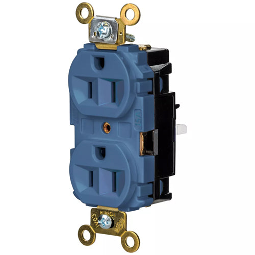 Hubbell HBL5262STBL, EdgeConnect Extra Heavy Duty Max Duplex Receptacles, Screwless Terminal, Back Wired, 15A 125V, 5-15R, 2-Pole 3-Wire Grounding, Blue