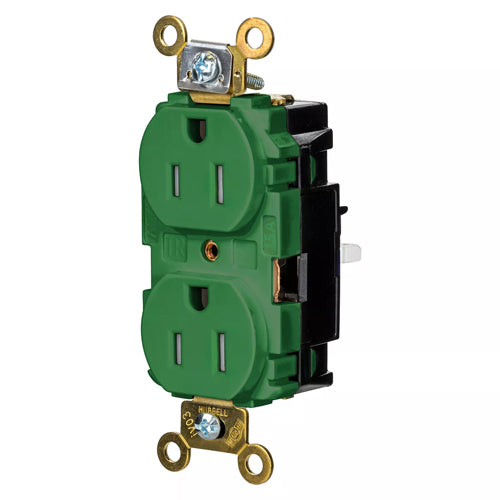 Hubbell HBL5262STGNTR, EdgeConnect Extra Heavy Duty Max Duplex Receptacles, Tamper Resistant, Screwless Terminal, Back Wired, 15A 125V, 5-15R, 2-Pole 3-Wire Grounding, Green