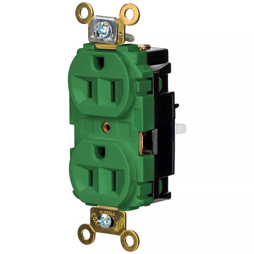 Hubbell HBL5262STGN, EdgeConnect Extra Heavy Duty Max Duplex Receptacles, Screwless Terminal, Back Wired, 15A 125V, 5-15R, 2-Pole 3-Wire Grounding, Green