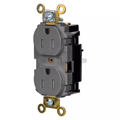 Hubbell HBL5262STGYTR, EdgeConnect Extra Heavy Duty Max Duplex Receptacles, Tamper Resistant, Screwless Terminal, Back Wired, 15A 125V, 5-15R, 2-Pole 3-Wire Grounding, Gray