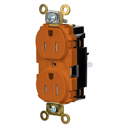 Hubbell HBL5262STOTR, EdgeConnect Extra Heavy Duty Max Duplex Receptacles, Tamper Resistant, Screwless Terminal, Back Wired, 15A 125V, 5-15R, 2-Pole 3-Wire Grounding, Orange