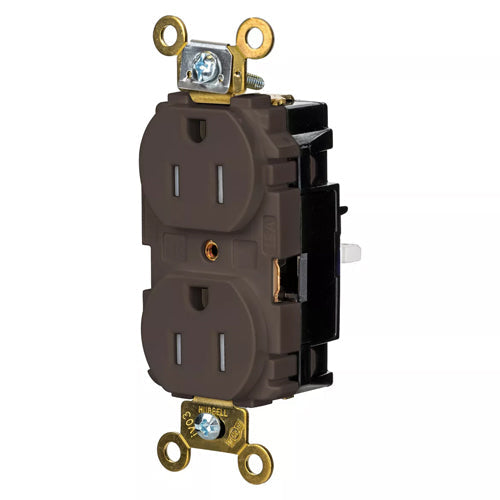 Hubbell HBL5262STTR, EdgeConnect Extra Heavy Duty Max Duplex Receptacles, Tamper Resistant, Screwless Terminal, Back Wired, 15A 125V, 5-15R, 2-Pole 3-Wire Grounding, Brown