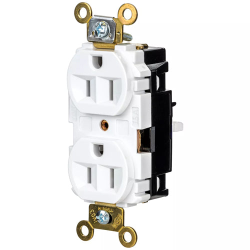 Hubbell HBL5262STW, EdgeConnect Extra Heavy Duty Max Duplex Receptacles, Screwless Terminal, Back Wired, 15A 125V, 5-15R, 2-Pole 3-Wire Grounding, White