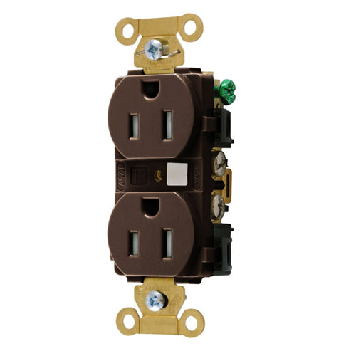 Hubbell HBL5262TR, Extra Heavy Duty Max Industrial Grade Duplex Receptacles, Tamper Resistant, Back and Side Wired, 15A 125V, 5-15R, 2-Pole 3-Wire Grounding, Brown