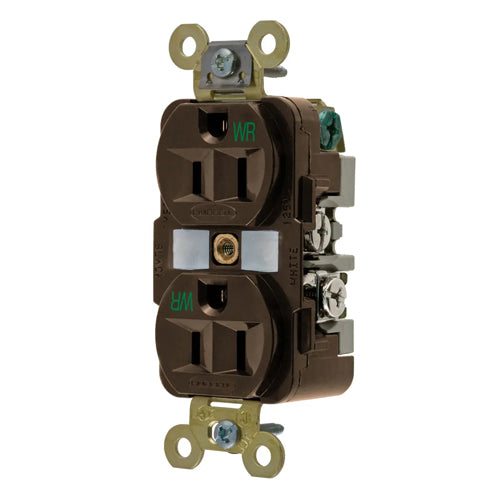 Hubbell HBL5262WR, Extra Heavy Duty Max Industrial Grade Duplex Receptacles, Weather Resistant, Finder Groove Face, 15A 125V, 5-15R, 2-Pole 3-Wire Grounding, Brown