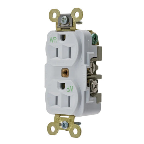 Hubbell HBL5262WWR, Extra Heavy Duty Max Industrial Grade Duplex Receptacles, Weather Resistant, Finder Groove Face, 15A 125V, 5-15R, 2-Pole 3-Wire Grounding, White