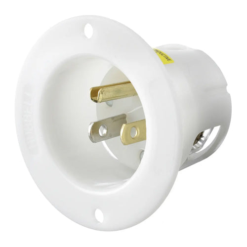 Hubbell HBL5278C, Flanged Male Inlet, Nylon Casing, Back Wired, 15A 125V, 5-15P, 2-Pole 3-Wire Grounding, White