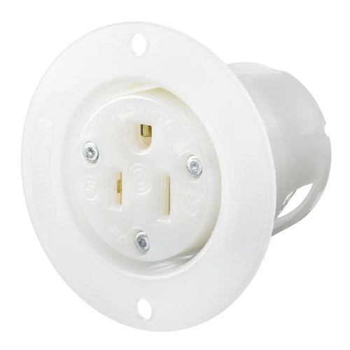Hubbell HBL5279C, Flanged Single Receptacles, Nylon Casing, Back Wired, 15A 125V, 5-15R, 2-Pole 3-Wire Grounding, White