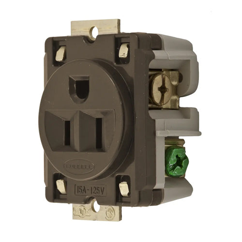 Hubbell HBL5284, Extra Heavy Duty Max Single Receptacles, Panel Mount on 1.94 In. (49.3) Centers, 15A 125V, 5-15R, 2-Pole 3-Wire Grounding, Brown