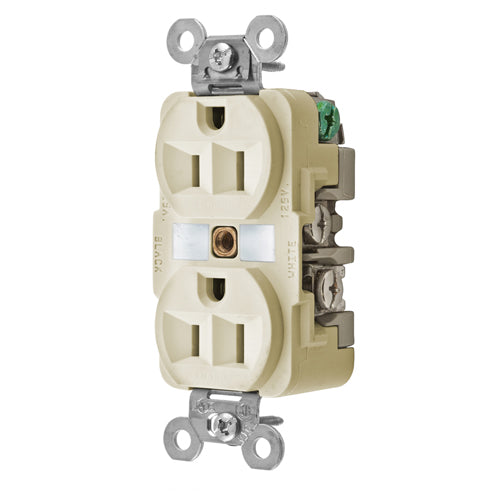 Hubbell HBL52CM62I, Extra Heavy Duty Max Duplex Receptacles, Corrosion Resistant, Finder Groove Face, Back and Side Wired, 15A 125V, 5-15R, 2-Pole 3-Wire Grounding, Ivory