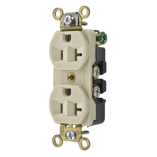 Hubbell HBL5342I, Extra Heavy Duty Max Compact Duplex Receptacles, Nylon Face, Side Wired only, 20A 125V, 5-20R, 2-Pole 3-Wire Grounding, Ivory