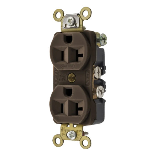 Hubbell HBL5342, Extra Heavy Duty Max Compact Duplex Receptacles, Nylon Face, Side Wired only, 20A 125V, 5-20R, 2-Pole 3-Wire Grounding, Brown