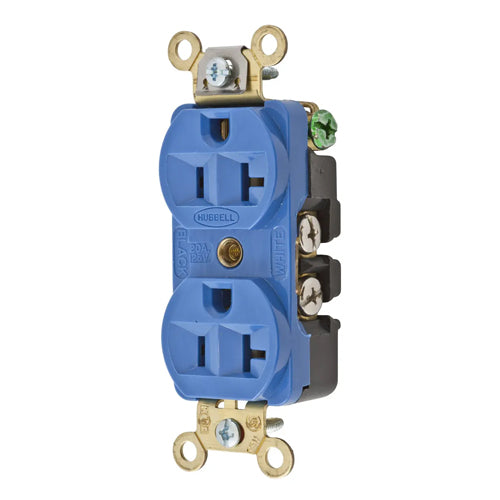 Hubbell HBL5352BL, Extra Heavy Duty Max Compact Duplex Receptacles, Industrial Grade, Back and Side Wired, 20A 125V, 5-20R, 2-Pole 3-Wire Grounding, Blue