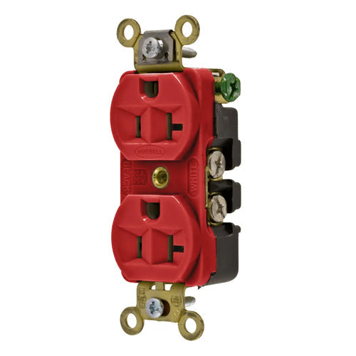 Hubbell HBL5352R, Extra Heavy Duty Max Compact Duplex Receptacles, Industrial Grade, Back and Side Wired, 20A 125V, 5-20R, 2-Pole 3-Wire Grounding, Red