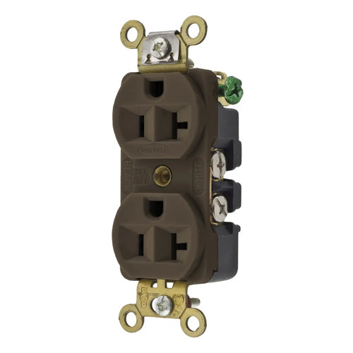 Hubbell HBL5352, Extra Heavy Duty Max Compact Duplex Receptacles, Industrial Grade, Back and Side Wired, 20A 125V, 5-20R, 2-Pole 3-Wire Grounding, Brown