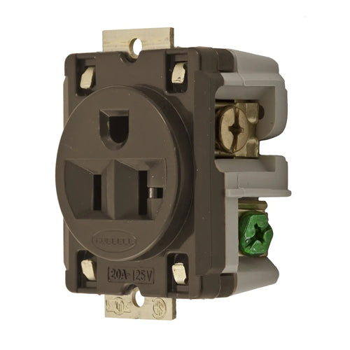 Hubbell HBL5357, Extra Heavy Duty Max Single Receptacles, Panel Mount on 1.94 In. (49.3) Centers, 20A 125V, 5-20R, 2-Pole 3-Wire Grounding, Brown