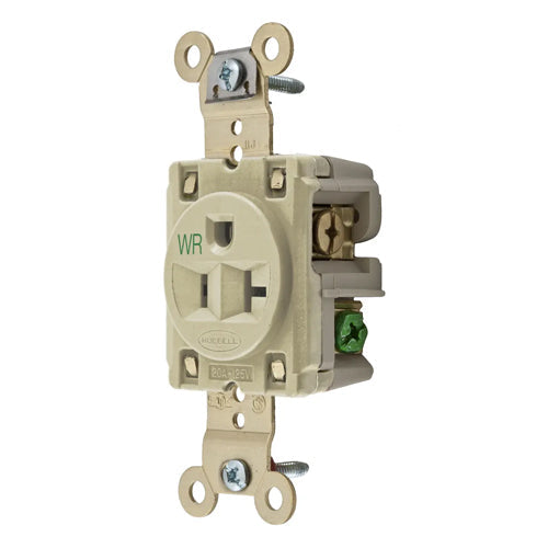 Hubbell HBL5361IWR, Extra Heavy Duty Max Industrial Grade Single Receptacles, Weather Resistant, Back and Side Wired, 20A 125V, 5-20R, 2-Pole 3-Wire Grounding, Ivory