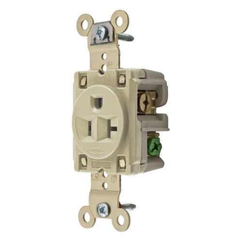 Hubbell HBL5361I, Extra Heavy Duty MAX Single Industrial Grade Receptacles, Back and Side Wired, 20A 125V, 5-20R, 2-Pole 3-Wire Grounding, Ivory