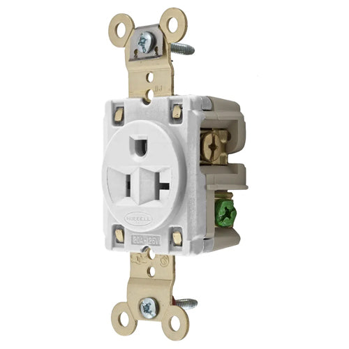 Hubbell HBL5361W, Extra Heavy Duty MAX Single Industrial Grade Receptacles, Back and Side Wired, 20A 125V, 5-20R, 2-Pole 3-Wire Grounding, White